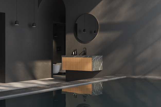 Modern dark bathroom with gray walls concrete floor and comfortable basin with black faucet drawer oval mirror hanging on wall plants toilet bidet pool and mountain view 3d rendering