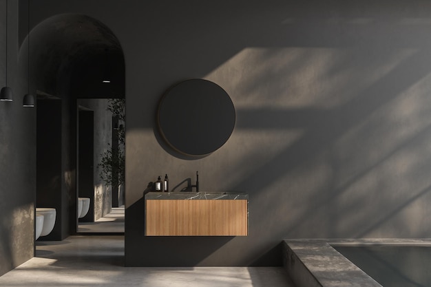 Modern dark bathroom with gray walls concrete floor and comfortable basin with black faucet drawer oval mirror hanging on wall plants toilet bidet pool and mountain view 3d rendering