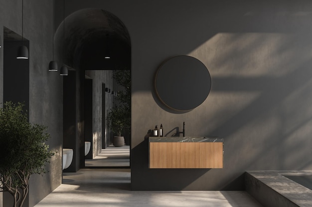 Modern dark bathroom with gray walls concrete floor and comfortable basin with black faucet drawer oval mirror hanging on wall plants toilet bidet pool and mountain view 3d rendering