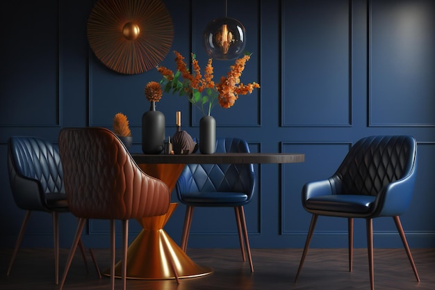 갈색 가죽 의자, 나무 테이블, 세련된 장식으로 꾸며진 현대적인 짙은 파란색 식당 인테리어는 집 디자인 아이디어를 보여주는 데 적합합니다.
