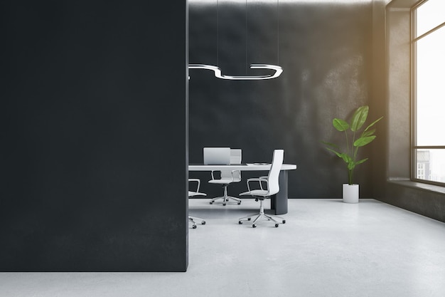 도시 전망 장비와 장식용 식물 3D 렌더링을 갖춘 벽 가구 창에 빈 모형이 있는 현대적인 어두운 콘크리트 사무실 인테리어
