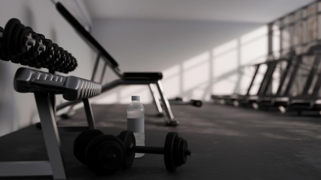 Modern dark fitness gym centre Black dumbbells a bottle of water and copy space on the floor