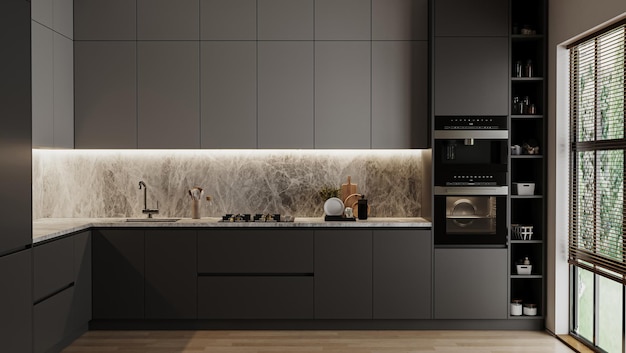 Rendering 3d interno moderno della cucina grigio scuro