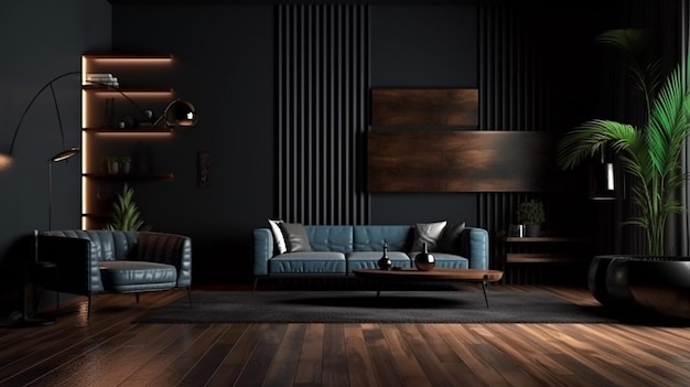 Modern dark home interior background wall mock up 3D Generative AI