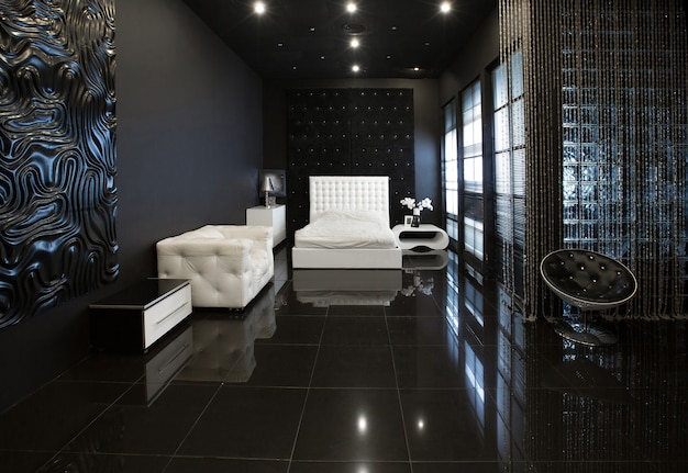 Modern dark luxury black interior with white chic furniture