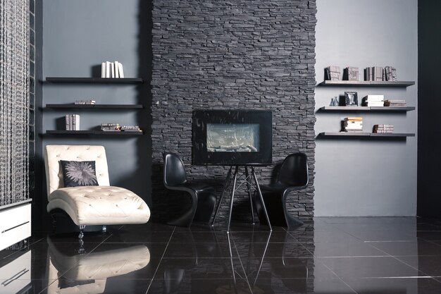 Modern dark luxury black interior with white chic furniture