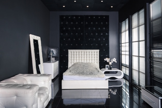 Modern dark luxury black interior with white chic furniture