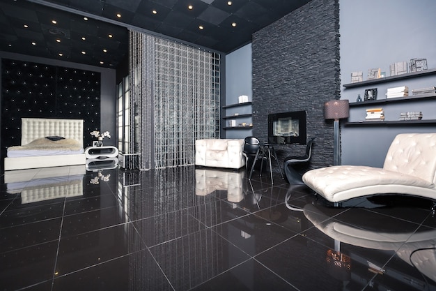 Modern dark luxury black interior with white chic furniture