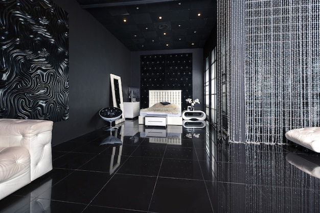 Современный темный роскошный черный интерьер с шикарной белой мебелью