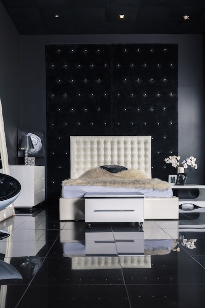 Modern dark luxury black interior with white chic furniture