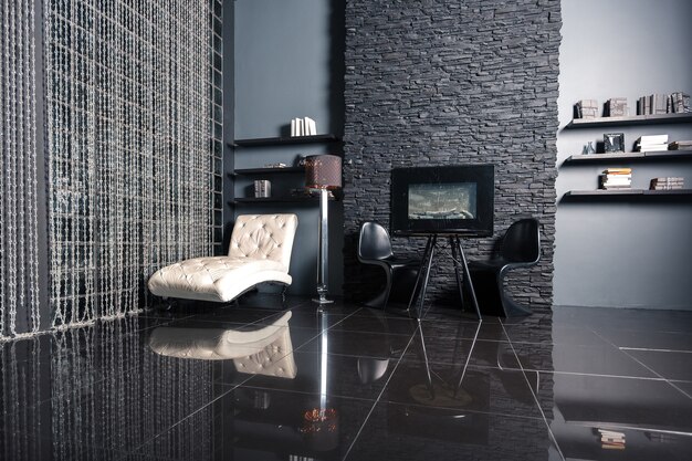 Modern dark luxury black interior with white chic furniture