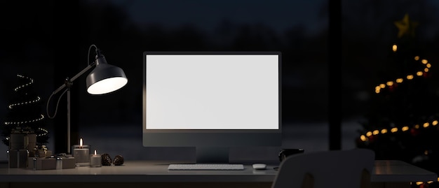 Modern dark office workspace with pc computer mockup table lamp\
christmas tree and stuff