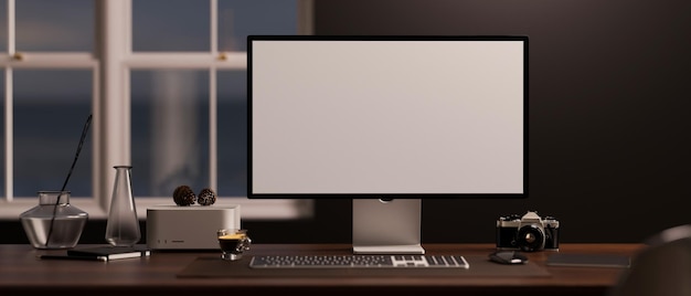 Modern dark stylish office workspace with PC desktop computer mockup and decor on dark wood table