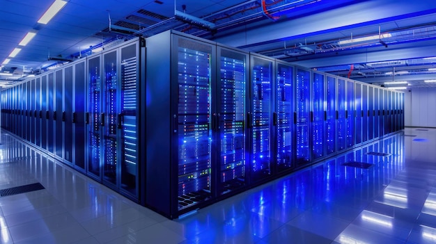 現代的なデータセンターのサーバールームで青いLEDライトとハイテク機器が搭載されています
