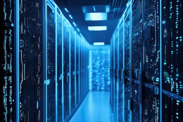 현대적인 데이터 센터 기술 서버 랙과 IOT 데이터 흐름 및 디지털화