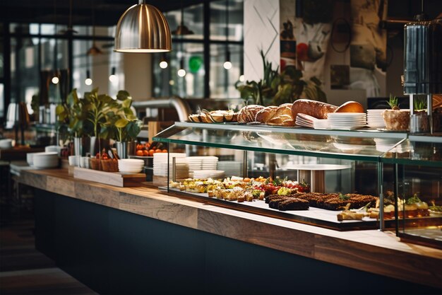 Photo modern decorated coffee shop with food bar generative ai