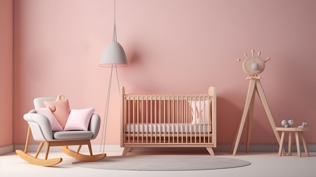 Modern decorative baby room wooden crib and bed pink chair blanket lamp and child toy