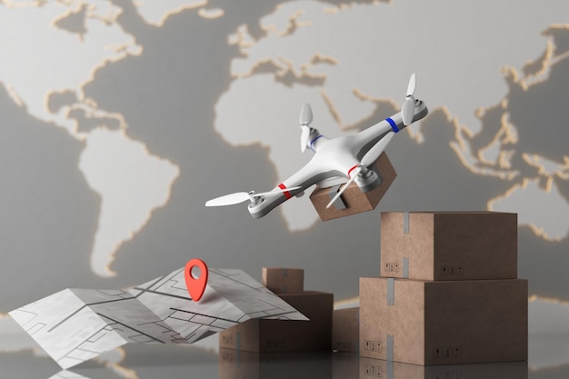 Quadcopterドローンを使用した最新の配送サービス技術配送ロジスティクスDronesCaryPackage parcels 3d render