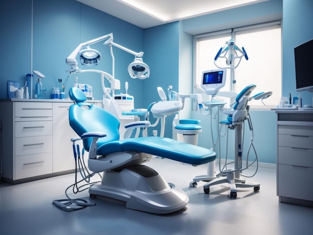 Modern Dental Clinic Dentist chair and other accessories used by dentists in blue medical light