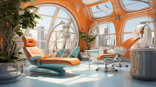 파란색 의자 와 다른 장비 를 갖춘 현대적 인 치과 사무실 인테리어