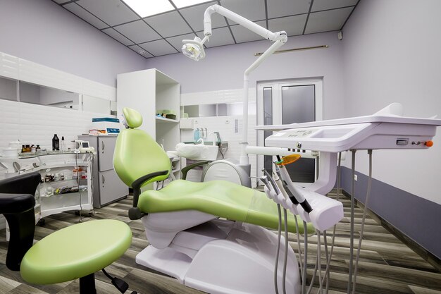 Modern dentistry office interior with chair and tools medicine medical equipment and stomatology concept