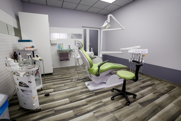 Modern dentistry office interior with chair and tools medicine medical equipment and stomatology concept