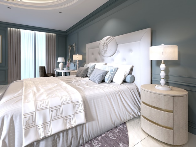 The modern design of the bedroom with a large white bed and a stool with a dressing table nearby. dark walls light furniture, white marble floor. 3d rendering.