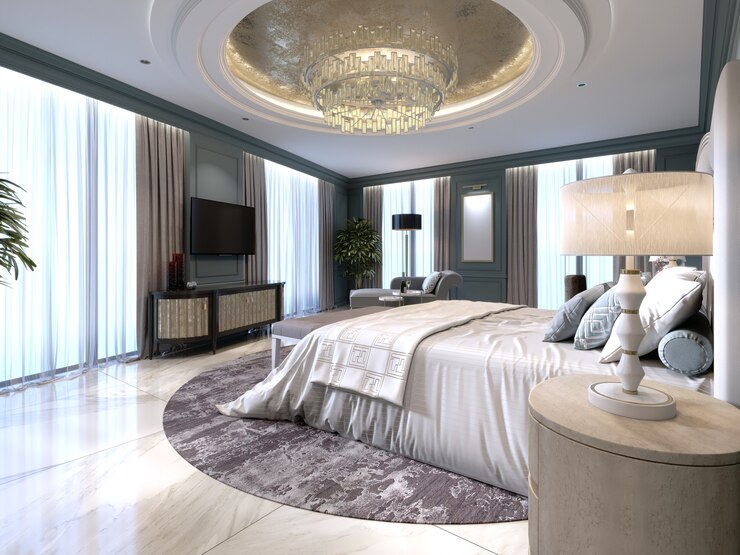 Photo the modern design of the bedroom with a large white bed and a stool with a dressing table nearby. dark walls light furniture, white marble floor. 3d rendering.