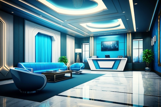 Modern design of blue lobby area interior Generative ai illustration