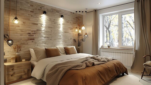 Modern design of the bright bedroom with minimalist decor and stylish accents