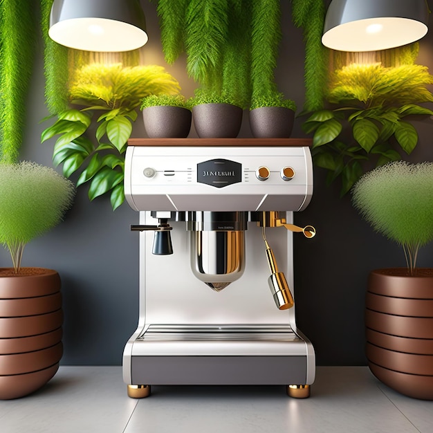 Современный дизайн кафе, серая деревянная панель, стойка с мраморной столешницей, профессиональная кофемашина для эспрессо, кофемолка