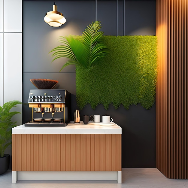 현대적인 디자인 카페 회색 목재 패널 카운터 대리석 상단 전문 에스프레소 머신 커피 그라인드