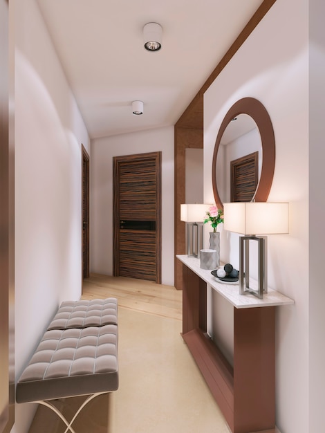 Corridoio di design moderno, governante e uno specchio. rendering 3d