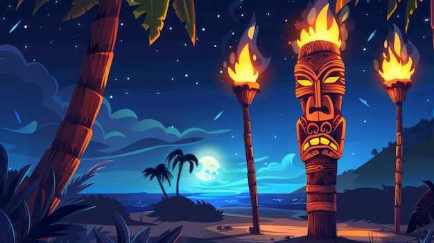 Photo the modern design of a hawaiian beach cafe with a cartoon illustration of a polynesian totem and palm trees at night includes a wooden tribal mask with burning torches on a bamboo stick and the logo