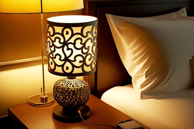 Modern design of hotel room desktop bedside lamp with lampshade created with generative ai