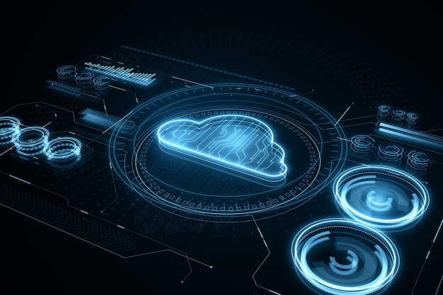 Modern design illustration with neon style cloud icon cloud computing technology and hosting concept on dark blue background 3D Rendering