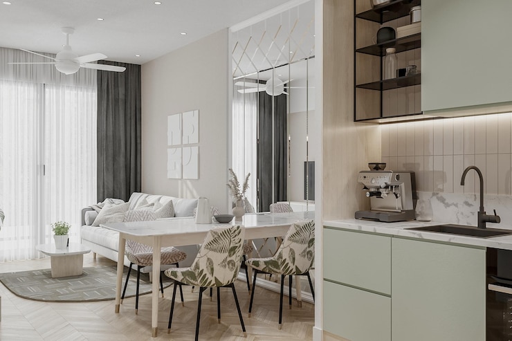 Photo modern design kitchen with sage green cabinet marble island included in interior
