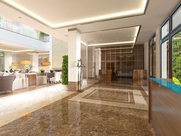 Lobby dal design moderno con area reception e statue decorative. rendering 3d.