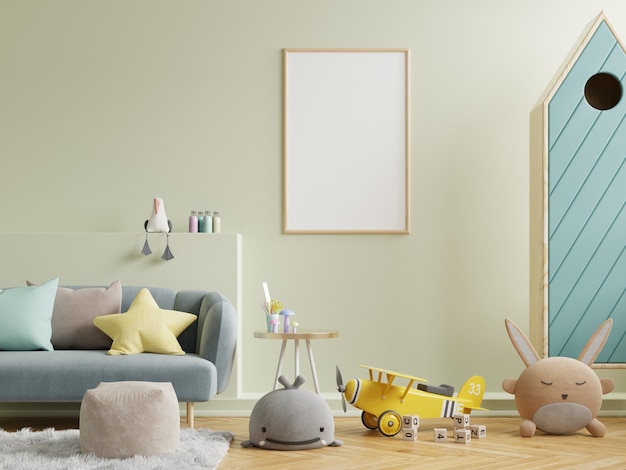 Photo modern and design mockup posters in child room interior,3d rendering