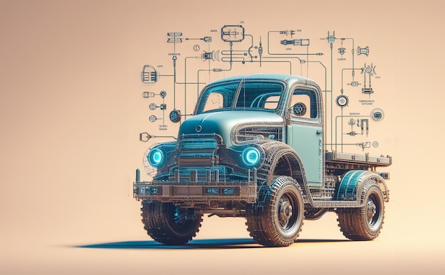 modern design render of vintage truck pickup monster suv smart vehicle power schematics illustration