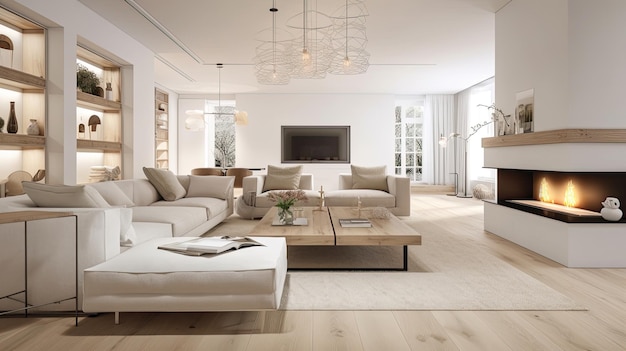 Photo modern design of a spacious living room decorated with beige colors ai generative