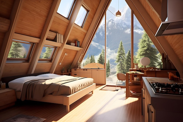 山の風景生成AIを使用した小さな家のインテリアのモダンなデザイン