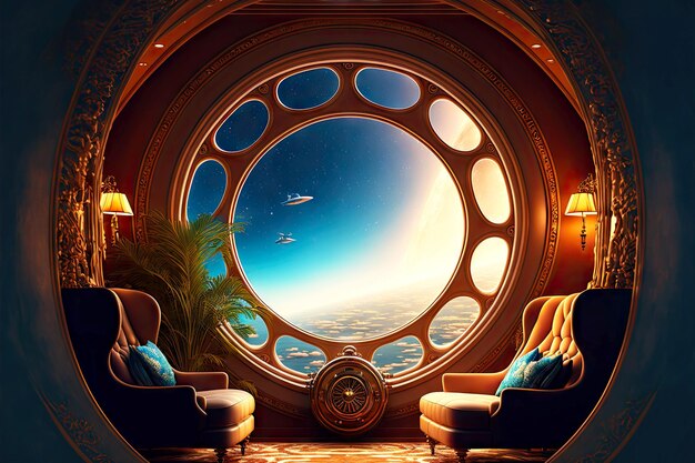 Modern design train interior round window with armchairs