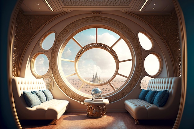 Modern design train interior round window with armchairs