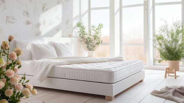 Photo modern design of a white bedroom with a large window