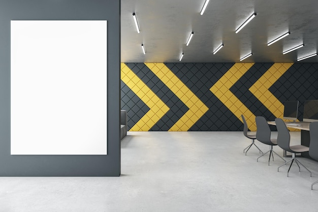 モダンなデザイナーのコワーキング オフィス インテリア家具と空の白いモックアップ壁 3 d レンダリングの場所