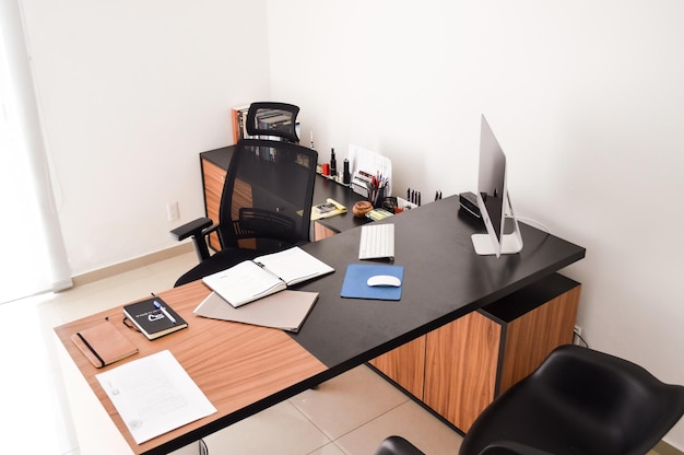 Modern designer desk for office business and creative spaces\
wooden desk in black color with storage drawers