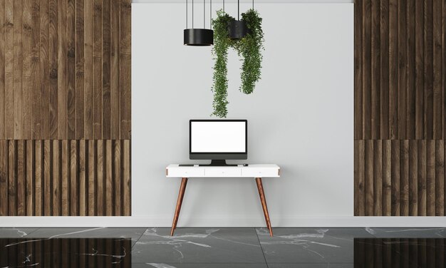 Photo modern desk in clean and bright studio mockup with designer wall