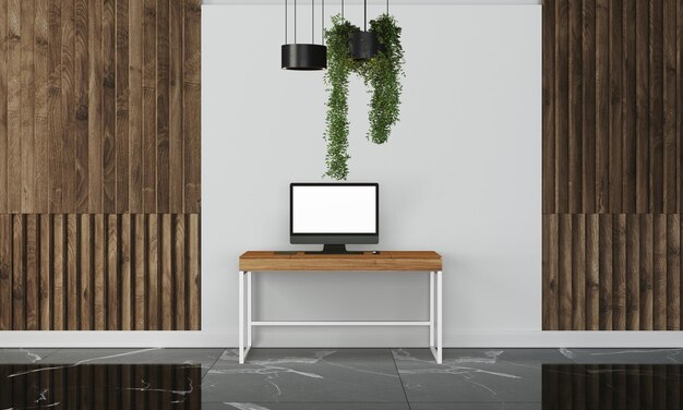 Photo modern desk in clean and bright studio mockup with designer wall