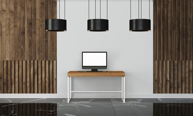 Photo modern desk in clean and bright studio mockup with designer wall